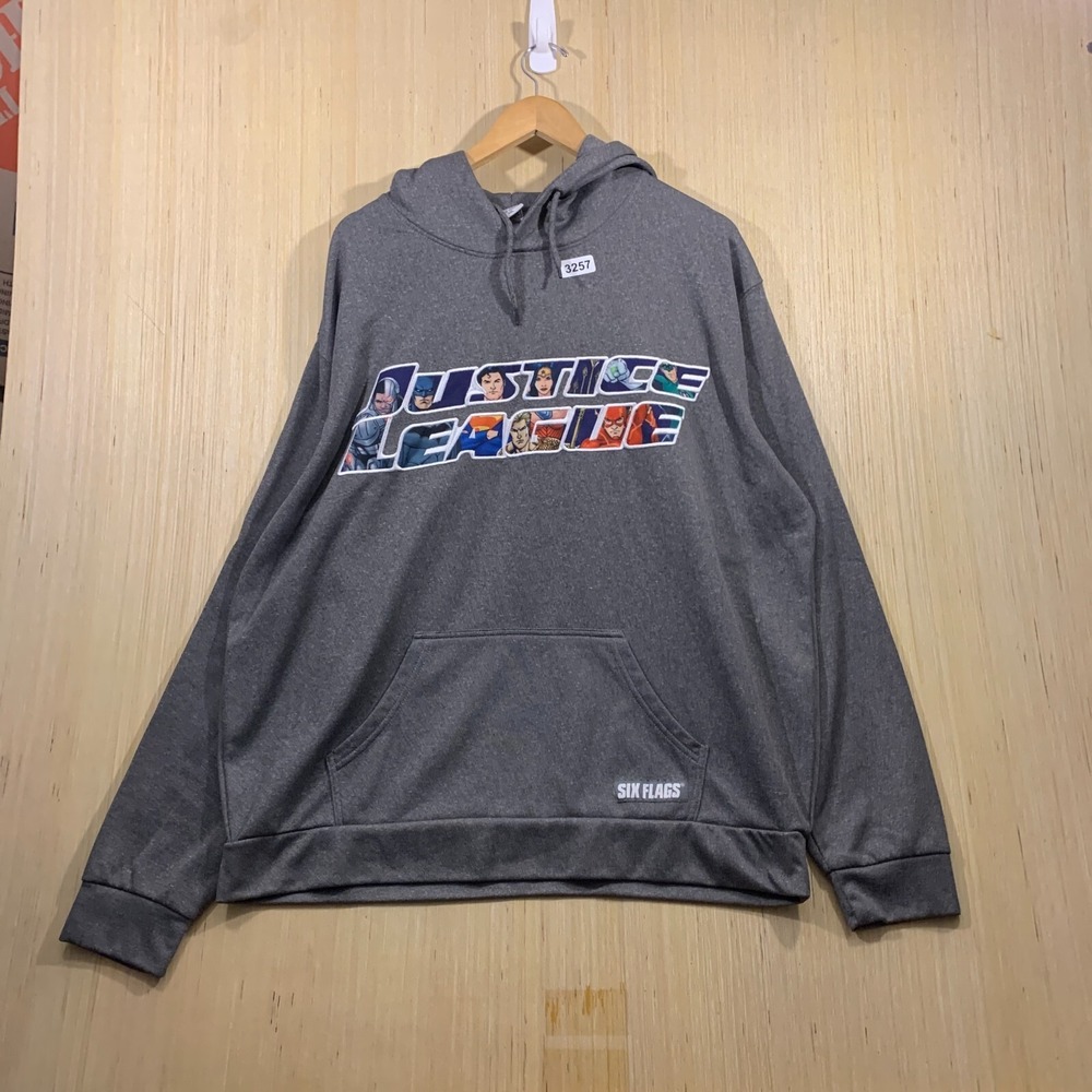 Vintage Justice League Hoodie Adult 2XL Grey  Long Sleeve Men's Six Flags